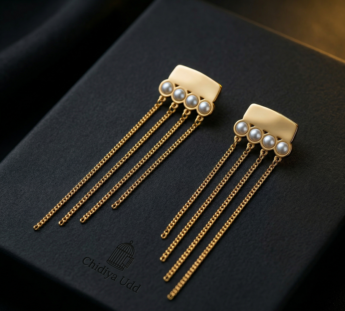 Pearl Chain Tassel Earrings – Gold — Photo 3