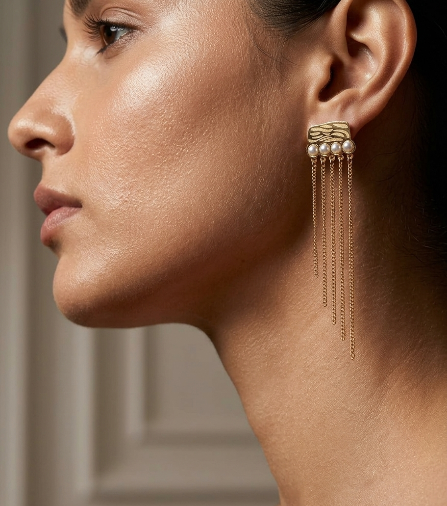 Pearl Chain Tassel Earrings – Gold — Photo 4