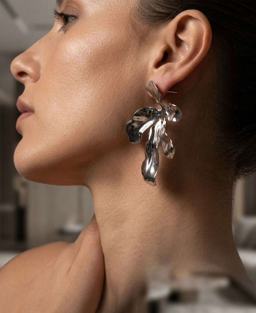 Sculpted Floral Spray Earrings — Silver — Photo 4
