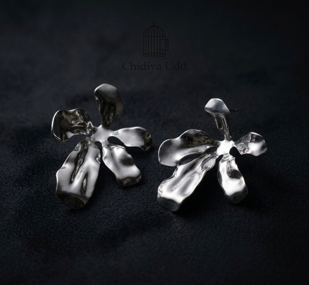 Sculpted Floral Spray Earrings — Silver — Photo 5