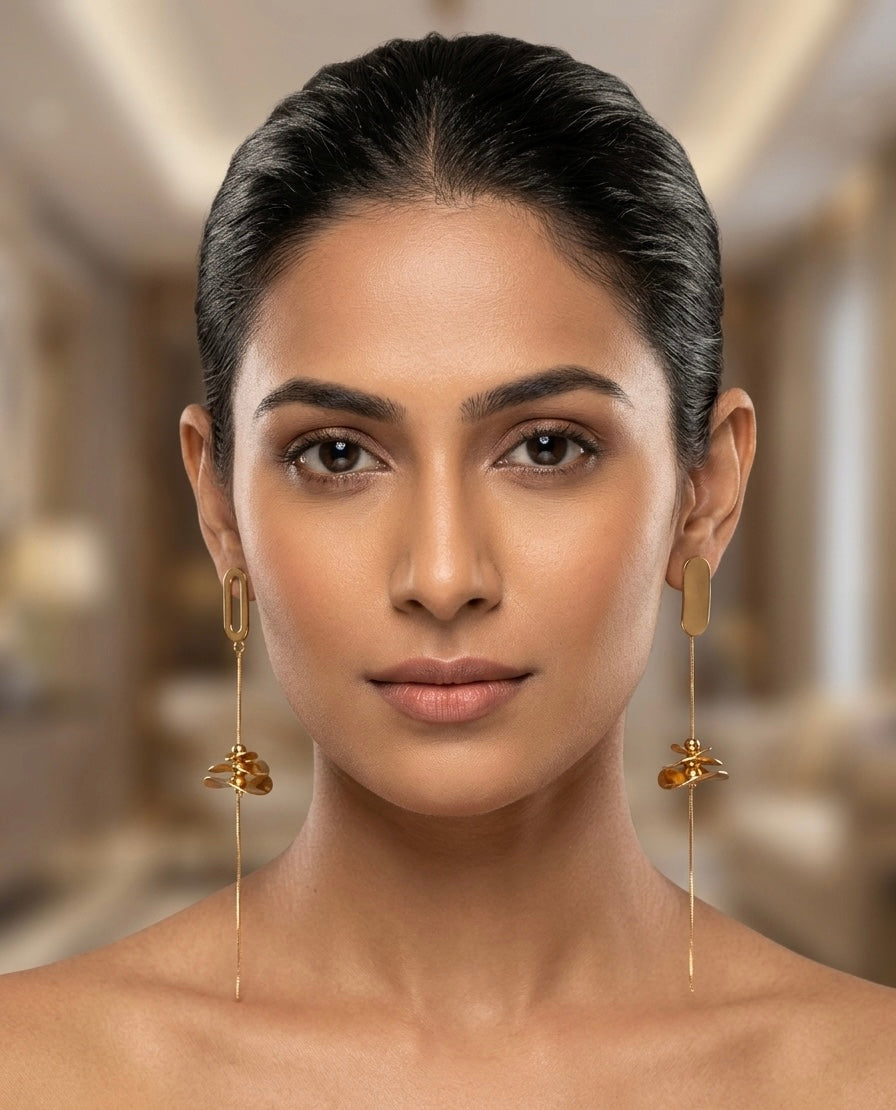 Long Sculpted Floral Chain Earrings – Gold — Photo 2