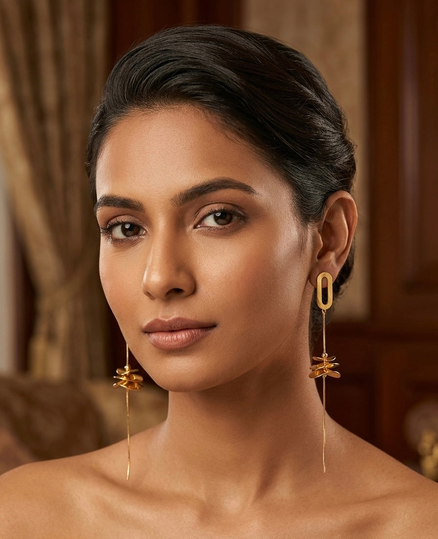 Long Sculpted Floral Chain Earrings – Gold — Photo 3